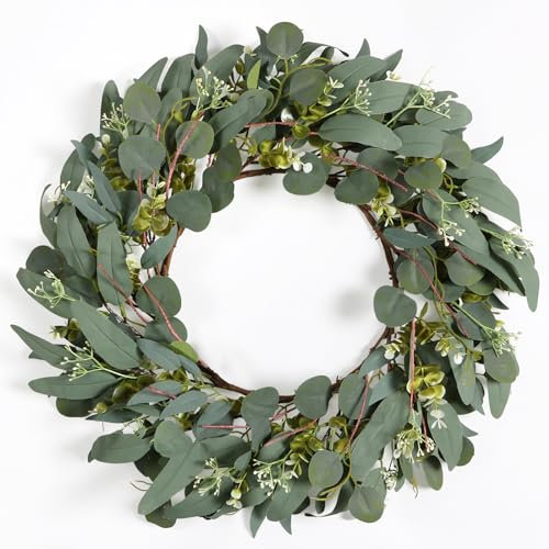 LOMOHOO 50cm Künstlicher Eukalyptuskranz für Haustür,Frühlingskranz Grüner Blattkranz für Fenster Hochzeitsdekoration Haus Veranda Bauernhof Gartendekor