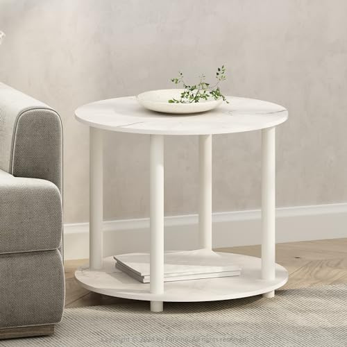 Furinno Turn-N-Tube Einfaches Design 2-stufiger runder Beistelltisch aus Holz, Marmor Weiß