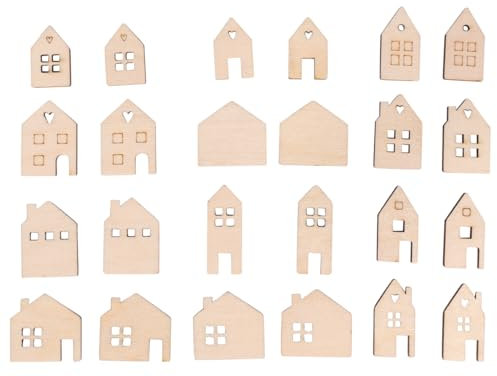Rayher Assortiment d’embellissements «Maison», naturel, 24 pces., en bois FSC Mix Credit, 2,5-3,5cmX2mm, décorations, table, cartes-46749505
