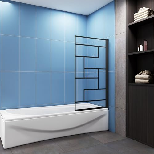 Black Pivot Frameless Bathtub Shower Screen, Easy to Clean Glass Panel 800x1400mm