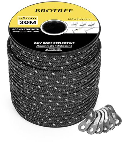 BROTREE Abspannseile Camping 30m Zeltschnur mit 6 x Spanner 5mm Reflektierend Abspannseile mit Seilspanner für Zelt Camping Sonnensegel Vorzelt (Schwarz)