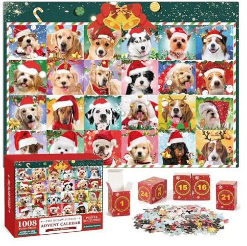 Christmas Puppies Advent Calendar 2024 Puzzle, 24 Days Christmas Countdown Calendar, Christmas Dog Advent Calendar Jigsaw Puzzle 1008, Jigsaw Puzzles Christmas Advent Calendar For Family