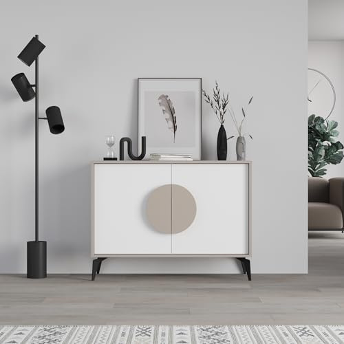 HOCUS PICUS Modern Console Sideboard 2 Door Cupboard Unit, 110(W) cm Sideboard Buffet Storage Cabinet Furniture with Metal Legs for Living Room, Dining Room (Light Mocha, White)