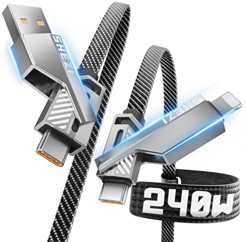 SHEZI 4 in 1 240W 1.5M USB C Charger Cable Compatible With Lightning Cable, Multi Fast Charging iPhone Samsung Charger Nylon Braided Lead Combo Compatible With Lightning Type C USB A Port