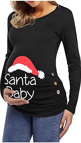 Cocila Damen Christmas Maternity Long Sleeve Drucken Cartoon Printed T-Shirt Tops Pregnancy Blouse Geraffte Umstandsshirt Umstandstop Umstandsmode Schwangerschaft Weihnachten