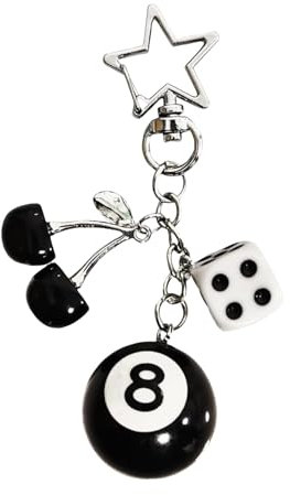 FloralGrace 1 porte-clés Lucky Dice noir, 8 boules, cerises, pendentif de sac avec étoile pour homme et femme, accessoire Y2K mignon