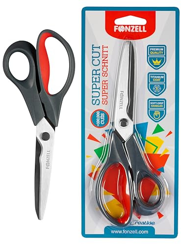 FONZELL Super Cut Schere 20.5 cm – Titanbeschichtete Edelstahlklingen, Präzisionsschnitt bis 2.5 mm, Ergonomischer Soft-Grip, Ideal für Papier, Karton & Draht