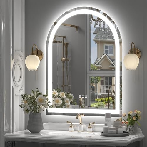 CHARMOR Gewölbter LED-Badezimmerspiegel mit Lichtern, beleuchteter Badezimmer-Schminkspiegel für Wand, dimmbare Hintergrundbeleuchtung und Frontbeleuchtung, Anti-Beschlag, Speicher, ETL-gelistet