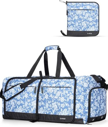 Lekesky Large Foldable Travel Duffe Bag - 80L Waterproof Holdall Luggage Bag with Shoes Compartment, Weekend Overnight Sports Bag for Women and Men(Blue Stripe Silhouette, 72 * 33 * 34cm)