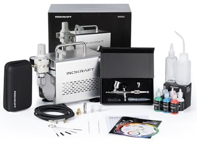 InoKraft Airbrush Kit with Air Compressor- 1/6 HP Quiet Air Compressor, Gravity Airbrush with 3 Tips 0.2, 0.3 & 0.5 mm- Hose, Holder, How-to Guide- Airbrush Paint Set for Model Painting Gift 4 Colors