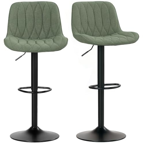 HOMCOM Bar Stools Set of 2, Height Adjustable Swivel Barstools with Backrest and Footrest, Modern Linen Upholstered Armless Bar Chairs for Kitchen, Breakfast Counter, Green