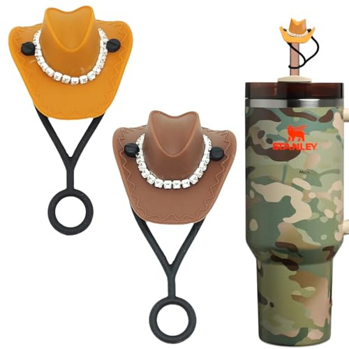Amreich Rhinestone Cowboy Hat Straw Toppers for Stanley Cup 30oz/40oz - Gray & Brown Straw Covers Fits 10mm/0.4in Straws 2PCs Stanley Cup Accessories