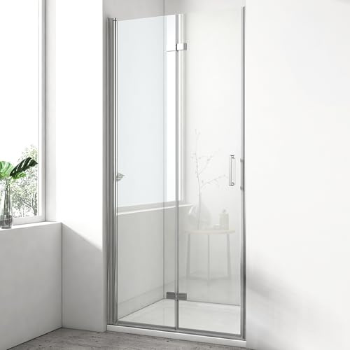 EMKE Falttür Duschwand 90x195 cm, Platzsparende Duschabtrennung aus 6 mm ESG-Glas, Faltbare Duschtür für Nische und Badewanne