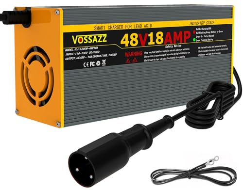 VOSSAZZ Chargeur de voiturette de golf 48 V pour Club Car Precedent & DS, avec prise ronde à 3 broches, charge rapide 18 A, batterie au plomb-acide 3-5H à charge complète