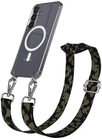EAZY CASE Handykette - Verstellbares Taschenband kompatibel mit Galaxy S25, Schulterriemen, Handykordel mit Silikon Hülle, Qi Charging kompatibel, Umhängetasche, Dunkelgrün Camouflage Silber