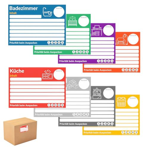 Foonary 160 Stück Umzugsetiketten, 15x10cm Umzugskartons Aufkleber, Bunte Umzug Etiketten, Aufkleber zum Beschriften, für Umzugskartons und Aufbewahrungsboxen, 8 Farben