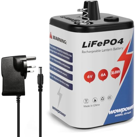 6V Lantern Battery, 6 Volt 6Ah Rechargeable LiFePO4 4R25 Battery with UK Charger, for Lantern, Flashlight, Emergency Light, Deer Game Feeder (Spring Terminal)