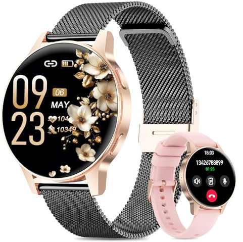 SLOKSFil Smartwatch Damen, 1,27 HD Touch Display Rund, Schrittzähler mit Telefonfunktion, 24H Pulsuhr Schlafmonitor, 100+ Sportmodi Fitness Tracker für Android & iPhone (Schwarz Gold)