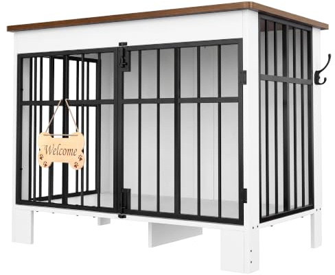 YITAHOME Hundebox für Zuhause 85cm, Doppeltür, Weiß+Braun | Knochen-Welcome-Schild, Seitenhaken, Doppelriegel, Beistelltisch nutzbar, Für Klein-Mittelhunde, Wasserfest, pflegeleicht