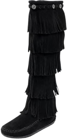 Minnetonka Women's 5-Layer Fringe Boot,Black,8 M US