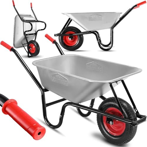 GARDEBRUK® Wheelbarrow | 100L Capacity | Load Up To 250KG | Home Garden Trolley | Heavy Duty Hand Cart | Galvanised Powder Steel Rim | All Terrain Pneumatic Tyre | Silver & Red