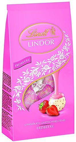 Lindt Lindor Beutel Erdbeer-Sahne, weiße Schokolade mit unendlich zartschmelzender Erdbeer-Sahne Füllung, 137g