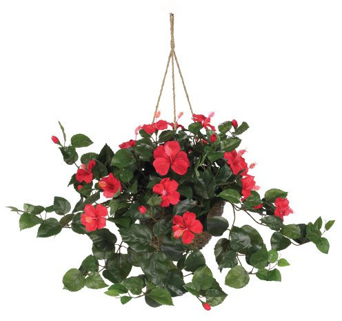 Nearly Natural Hibiskus Blumenampel Kunstpflanze, Sonstige, Rot/Ausflug, einfarbig (Getaway Solids), 10.25 x 10.25 x 17.5