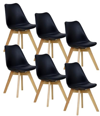 WOLTU Esszimmerstühle 6er Set, Skandinavische Küchenstühle, Retro Design, Sitzfläche aus Kunstleder, mit Massivholz Beinen, bis 150 kg belastbar, Schwarz