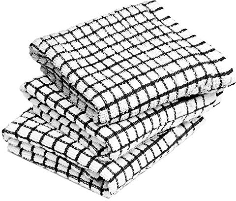 Xelay 100% Egyptian Cotton Terry Tea Towel Wonderdry Monocheck Black White Kitchen Dish Cleaning Drying Cloth 35cm x 60cm (Black Pack of 3 Small Check) (15.5 x 23.5)
