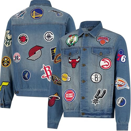 Ultra Game NBA Herren Jeansjacke Distressed Multi-Team Denim Patch, Herren, Men's Distressed Denim Multi Team Patch Jean Jacke, Denim, Large
