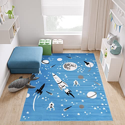 TAPISO Pinky Teppich Kurzflor Blau Grau Weiß Modern Raketen Planeten Weltall Design Kinderzimmer Kinderteppich ÖKOTEX 200 x 300 cm