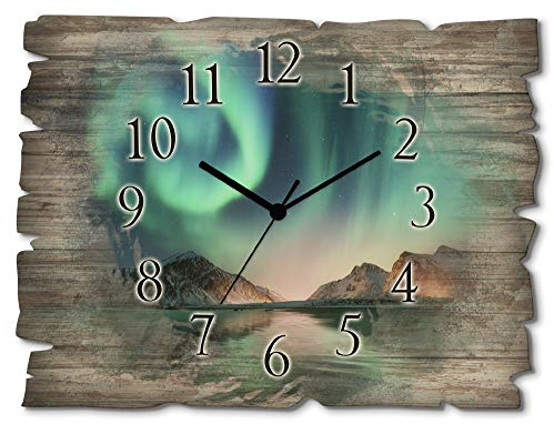 ARTLAND Wanddeko Wanduhr ohne Tickgeräusche aus Holz Funkuhr 40x30 cm Rechteckig Lautlos Nordlicht Polarlicht Landschaft Natur Nordisch T9SZ