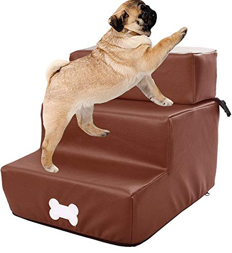 PJDDP Haustiertreppe Katzentreppe Hundetreppe Aus Leder Einstiegshilfe Faltbar,Abnehmbar, 3-Stöckig, Waschbar, Tragbar, Für Kleine Hunde Katzen Kleiner Als 5 Kg,30X35x30cm,Braun
