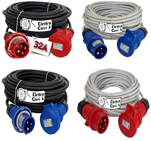 Elettrocavi K - 32A H07RN-F 3G4 mm² Prolunga Elettrica Industriale 15 Metri 32A Monofase CEE 220V 2P+T IP67 3 POLI 5 kW Super Flessibile Impermeabile Professionale Made in Italy