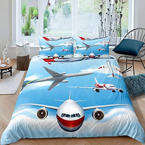 Homewish Flugzeug Bettwäsche-Set 135×200 Luftfahrt Flugzeug Tröster Abdeckung für Kinder Jungen Jugendliche Young Man Cartoon Flugzeug Bettbezug Flying In Theskyschlafzimmer Dekor mit 1 Kissenbezug