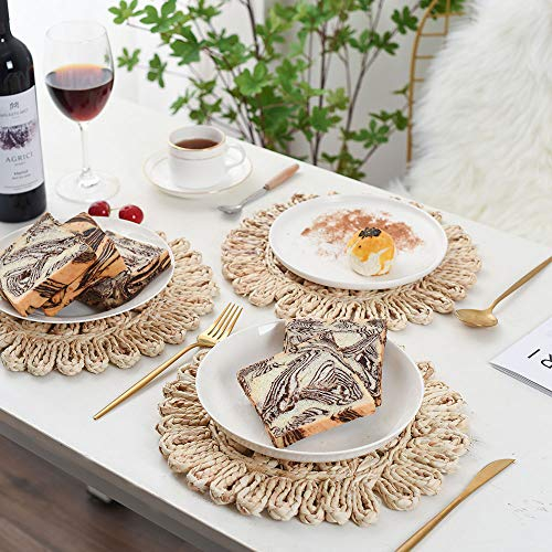 IcosaMro Round Woven Placemats for Dining Table 11.8 Inch Set of 6 Natural Braided Rattan Tablemat Hollow Wicker Charger Plates for Holiday Christmas Kitchen Table Mat, Beige