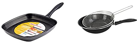 Magefesa Glass Asador Cuadrado Alto 28Cm De Acero Vitrificado Exterior Negro Cristal. Antiadherente Bicapa Reforzado + Black Sartén Freidora 26Cm De Acero Vitrificado Exterior Negro