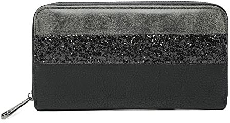 Portefeuille Femme Paillette Rayures Zippé - Porte-Cartes Monnaies Tout-en-Un Format Long - Wallet Compagnon Bandes Grande Capacité Similicuir Souple - Chic Elégant - Noir