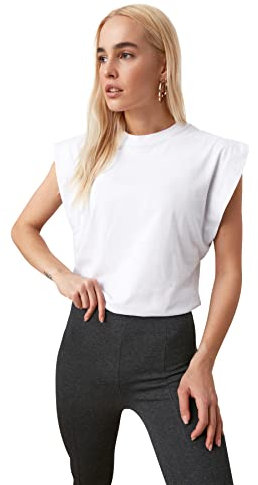 Trendyol T-Shirt Basique en Tricot à col Rond pour Femme Coupe Droite, Blanc, L