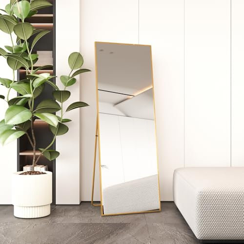 Beauty4U Full Length Mirror 140x50cm Free Standing, Hanging or Leaning, Large Floor Mirror with Gold Aluminum Alloy Frame for Living Room or Bedroom