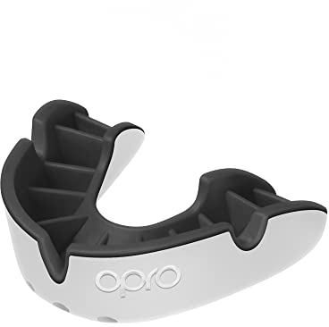 OPRO Silver Level Erwachsene und Kinder Sport Mundschutz mit Etui, Mundschutz mit revolutionärer Anpassungstechnologie für Hockey, Lacrosse, Rugby, MMA, Boxen und BJJ (Weiß/Schwarz, Erwachsene)