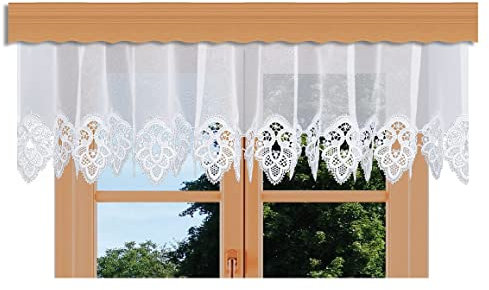 Querbehang Jette mit Vogtländischer Spitze in weiß | klassischer Dekobehang mit Ornament-Spitzenkante und Sablé | wunderschöne Blumengardine handgefertigt | Volant - Höhe x Breite 30 x 600 cm