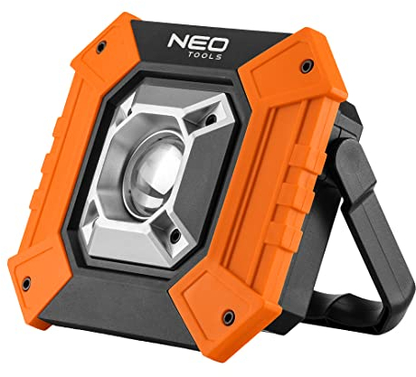 NEO TOOLS Batterieleuchte, Leistung 10W, 750 Lumen, LED COB, Powerbank-Funktion, Stromversorgung 3xAA oder 2xakkuBatterien, IP20, Gehäusematerial ABS, Stütze, 3 Lichtfunktionen 100%, 50%, Stroboskop