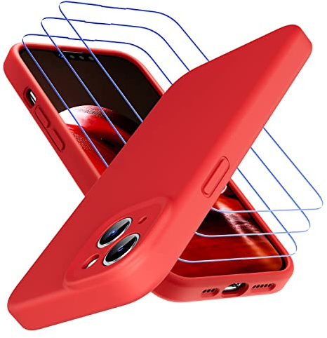 Uluck iPhone 14 Hülle+Panzerglas Set [1 Handyhülle+ 3 Panzerglas] Flüssigsilikon Handyhülle mit 9H Displayschutzfolie Kompatibel mit iPhone 14(6,1 Zoll)-rot