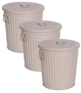 Jinfa | 3 Jeux Poubelle en métal galvanisé avec poignées et Couvercle | Beige | Diamètre Ø 42 cm - Hauteur 47,5 cm | Capacité: 62 litres