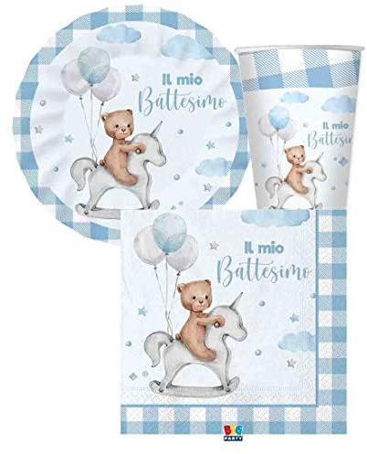 irpot kit n 2 battesimo teddy bear celeste bambino decorazioni piatti carta piatti dessert bicchieri tovaglioli azzurro party festa battezzo bimbo pastello scacchi