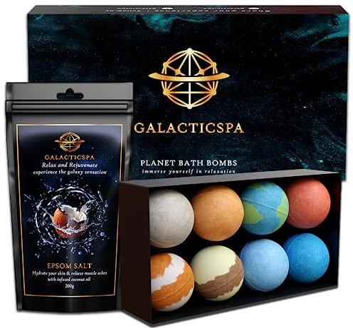 Bath Bombs with 200g Coconut Epsom Salt / 8 x 60g Handmade Planet Themed Bubble Bath Fizzer/Luxury Bath Bomb Set/Non-Staining, Vegan, Cruelty-Free/Spa Gift for Men, Women and Kids