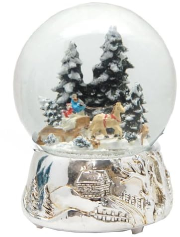 Schneekugel Weihnachten Musik | Nostalgie Schneekugel Kutschfahrt Schlittenfahrt | Zinnoptik Sockel verziert | Spieluhr | Breite: 10cm Höhe: 14cm | Schüttelkugel | 20312