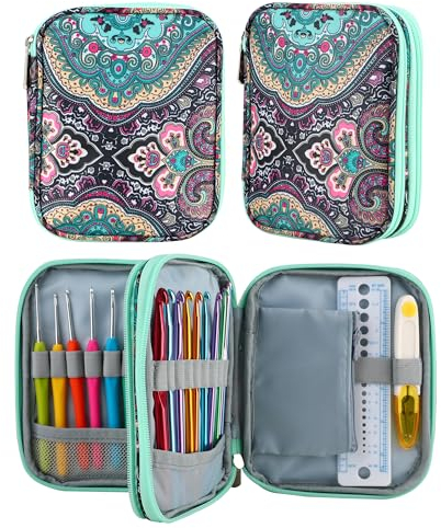 JOZEA Custodia per uncinetto con cerniera e tasche Web per ferri da uncinetto, borsa organizer leggera per kit di lavoro a maglia (motivo blu)