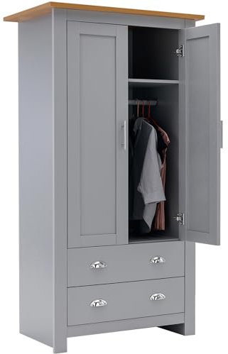 Blisswood 2 Door 2 Drawer Wardrobe MDF With Shelf Hanging Rail Cloth Storage Wooden Double Wardrobe With Drawer Large Cupboard Bedroom Furniture (Grey & Oak, 180H x 79W x 52D cm)